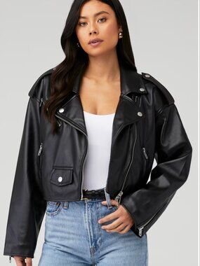 Good American Cropped Faux Leather Moto Jacket NWOT Black XXS/XS